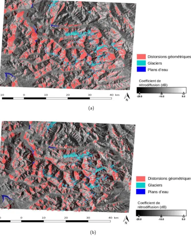 Figure 1.7 – Zones affectées par les distorsions géométriques au sein de la zone d’étude (a) 13 Février 2017, orbite descendante