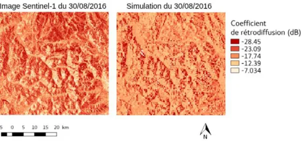 Figure 2.1 – Cartes permettant de visualiser la distribution des coefficients de rétro- rétro-diffusion sur la zone d’étude pour la date du 30 Août 2016 et pour une observations Sentinel-1 à 20 m de résolution et la simulation correspondante à 250 m de rés
