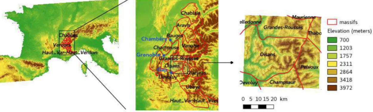 Figure 2.2 – Topography of the study area located in Europe, France, Northern French Alps