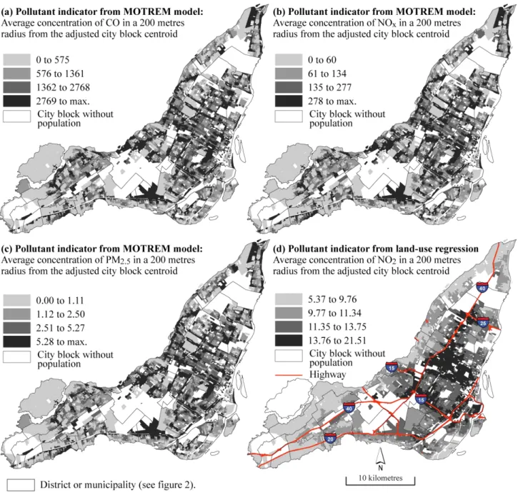 Figure  4.  The  three  indicators  of  pollution  modeled  or  measured  at  the  city  block  scale,  Island  of  Montreal