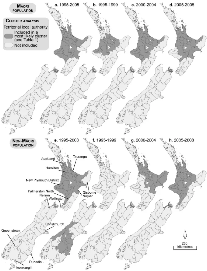 Figure 3. Purely spatial clusters of infant mortality incidence, 1995-2008 