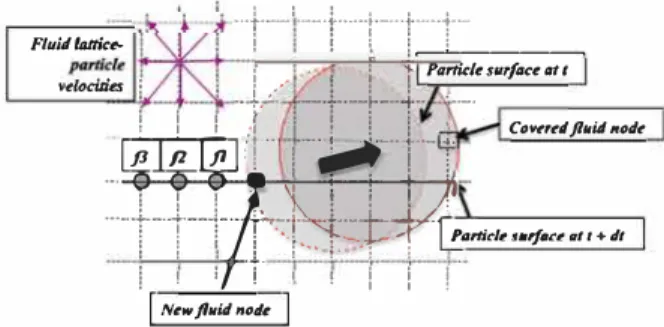 Fig.  3.  Skerch  to  illustrate  the  key  ideas  for  treating  the  fluid-solid  interface  in  LBM-BB