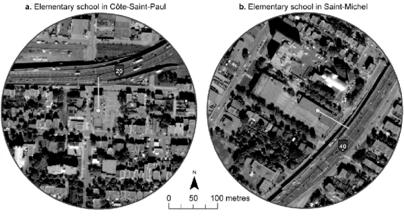 Figure 3. Examples of two public elementary schools located less than 200 metres from a highway 