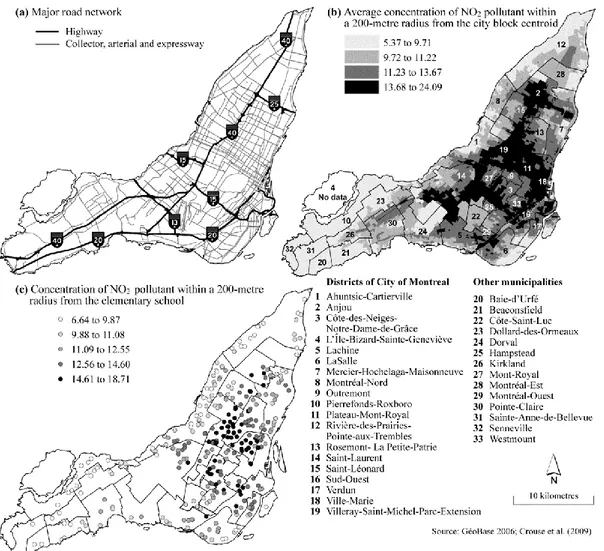 Figure 1. Study area: Schools, major road networks and pollution indicators 