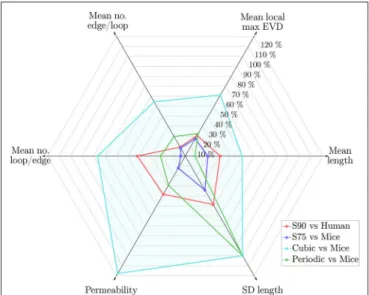 FIGURE 10 | Web chart showing the percentage error for synthetic networks with L C = 90µm relative to the human ROIs (S90, in red), and L C = 75µm relative to the mouse ROIs (S75, in blue), and for the PLNs and CLNs vs