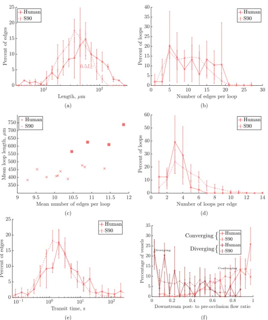 Figure S7: Results for human ROIs and synthetic networks (‘S90’) with L C = 90µ m and domain size 264 × 264 × 207µ m 3 