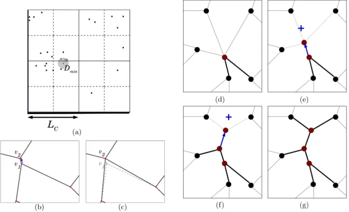 Figure S1: a) Schematic diagram illustrating the division of the domain into a grid of length L C (solid lines) and an off-set grid shifted by 0.5L C (dashed lines), for efficient detection of vertices (black dots) less than distance D min apart