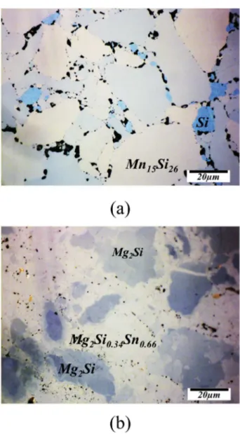 Fig. 2. Optical micrographs of: a) MnSi 1.77 and b) Mg 2 Si 0.6 Sn 0.4 . (For interpretation of the