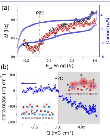 Figure 3. (a) CV and EQCM frequency response and (b) electrode mass change versus charge during the polarization of SLG on gold substrate in neat EMI-TFSI recorded at 50 mV s −1 