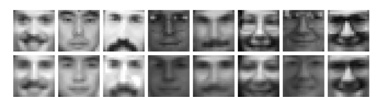 Figure 1.4: Eight faces of the CBCL dataset chosen at random. Top: original images. Bot- Bot-tom: reconstruction with K = 30.