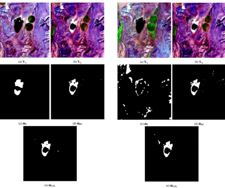 Fig. 5. Real images affected by real changes without ground truth, Scenario 1 (same spatial resolutions): (a) observed Landsat 8 MS image 