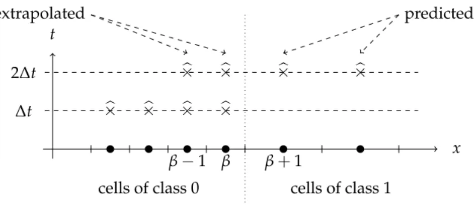 Fig. 6.5. Predicted or extrapolated states used for the computation of the flux F β+ 1/2 t time 2∆t