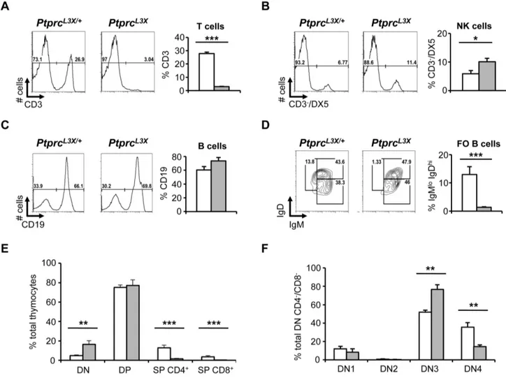 Figure 5. Immunological phenotyping. (A, B, C and D) The spleen of Ptprc L3X/+ and Ptprc L3X mice was collected and specific immune cell populations were analyzed by FACS (n = 3)