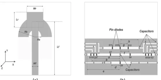 Figure 1.8. Selective frequency reconfigurable monopole planar antenna  [17] .  (a) top view on 
