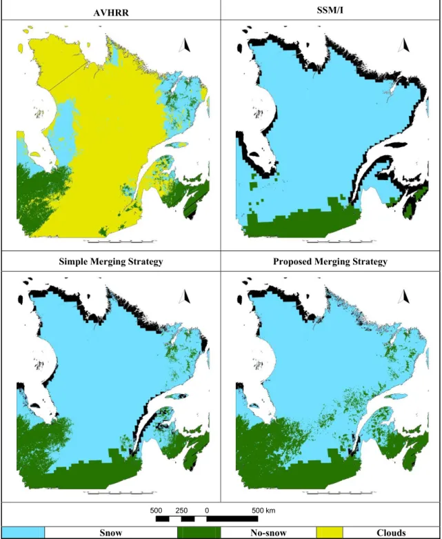 Figure 4. Snow maps for 19 April 1991 using AVHRR, SSM/I, a simple merging  algorithm and the proposed merging algorithm