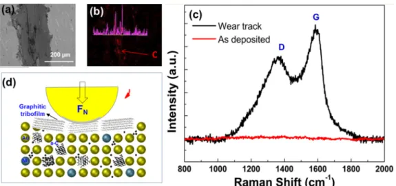Fig. 12. Wear track characterizations of the Au-Ni/a-C coating with C content of 0.13 wt%: (a)