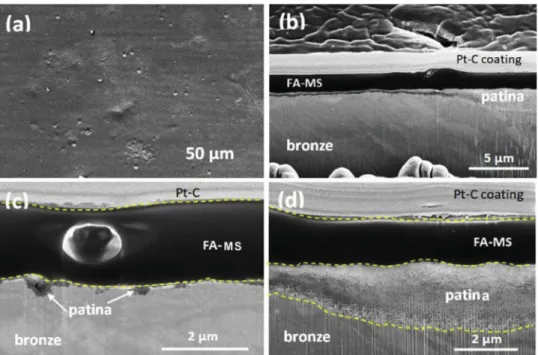 Fig. 6. SEM images of the FA-MS coated surface on patinated as-cast bronze. (a) Surface observation and FIB milling cross-section of: (b) global observation, (c and d) detailed views of respectively (c) the bronze eutectoid area (a very thin patina layer) 