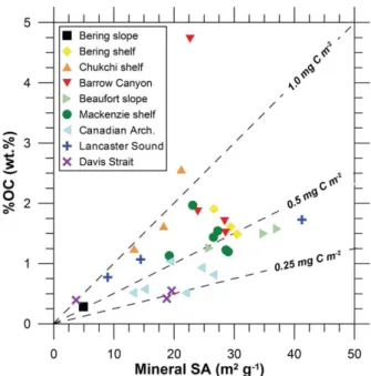 Figure 5. Relationship between mineral surface area (SA) and weight percent organic carbon (%OC) contents of surface sediments from the North American Arctic margin