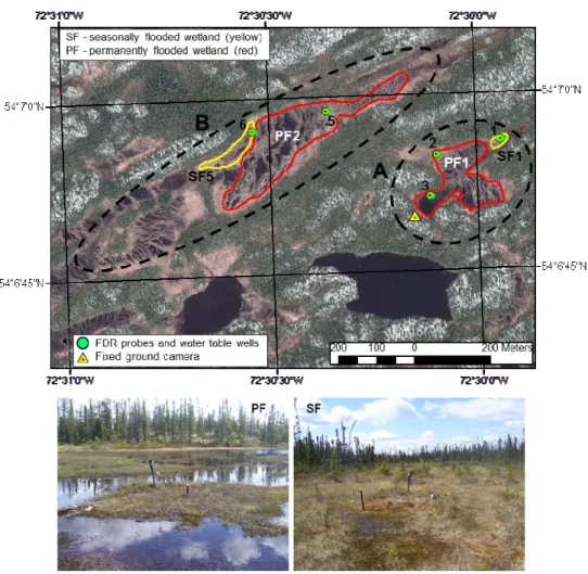 Figure 2. The distribution of studied “La Forge” peatlands (A and B), as well as the 