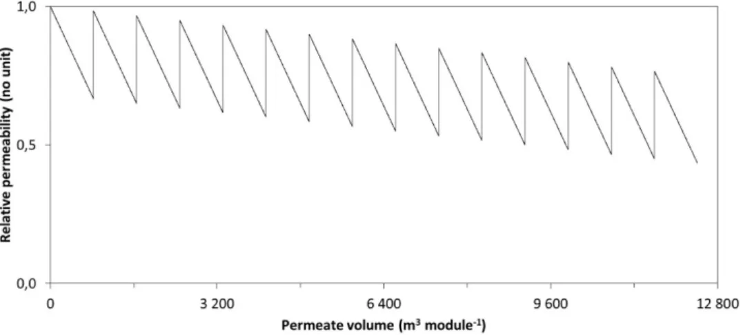 Figure II.24 Scenario A-1 ─ Variation of relative permeability during the module operating life as a function of 