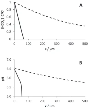 Fig. 11. Theoretical (A) HCO 3 – concentration in dimensionless form (C/C 0 ) and (B) pH