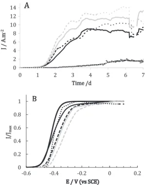 Fig. 6. Maximum current densities (J max ) reached during polarization at 0.1 V/SCE vs