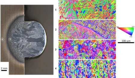 Fig. 9 Inverse Pole Figure of cross-section obtained by EBSD analysis of a Ti-  6Al-4V CMT deposit 