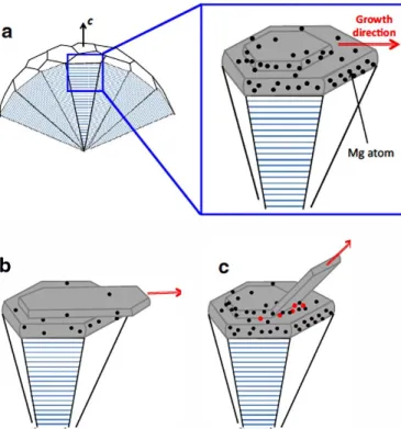 Fig. 10.  Schematic of spheroidal growth of graphite following a 2D nucleation  and growth model (a) where Mg atoms adsorb preferentially on the prismatic  planes [ 56] 