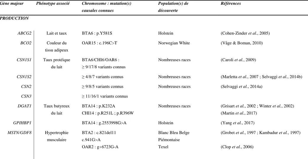 Tableau 1 Principales mutations causales dans des gènes majeurs de caractères d’intérêt des filières laitières et allaitantes chez les ruminants 