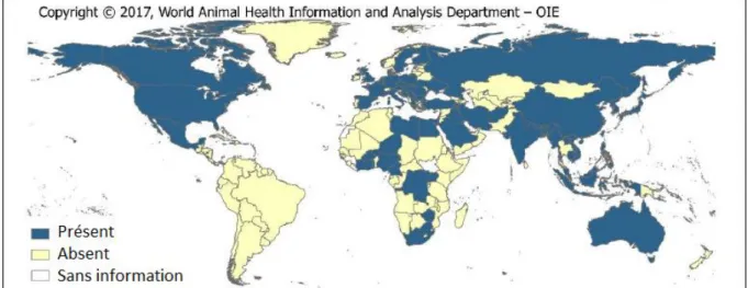 Figure 2: Pays et territoires ayant recensé au moins un foyer dû à IAHP entre janvier 2013 et janvier 2018 (OIE,  2017)