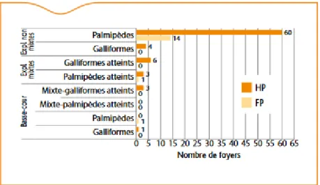 Figure  5:  Nombre  de  foyers  d’IA  H5  HP  et  FP  selon  les  productions  présentes  sur  l’exploitation  et  l’espèce  atteinte à l’origine de la déclaration (N=93 foyers, France, 30/06/2016)   (Lebouquin et al., 2016) 