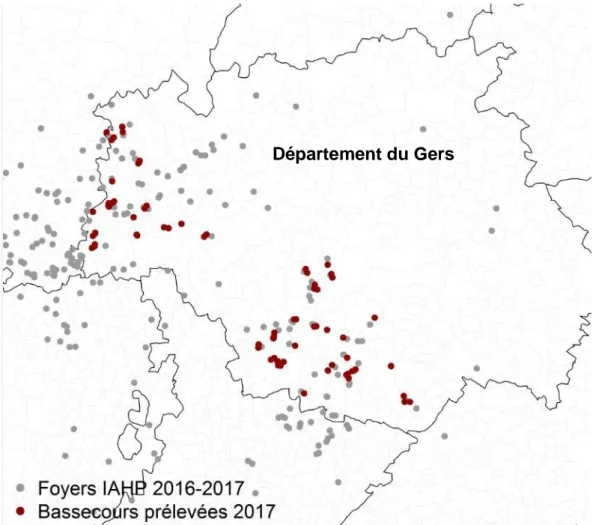 Figure 6 : Carte des foyers d’IAHP 2016-2017, centrée sur le département du Gers et des basse-cours  enquêtées et prélevées (11)   
