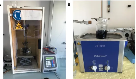 Figure 11 A. The ultrasonic probe with the generator, the soundproof box, the microprobe  and the crystallizer with ice