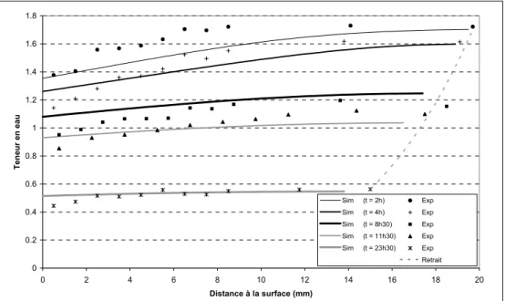 Figure 4.8  Comparaison de la simulation (Sim) avec l’expérience (Exp) des profils de teneur  en eau et du retrait pour la Condition1 de séchage