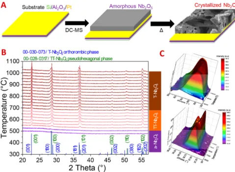 Figure 1. (A) Overview of the electrode design for hybrid microdevices: an amorphous layer is deposited by dc-MS and annealed to form the desired Nb 2 O 5 polymorphs (TT-Nb 2 O 5 or T-Nb 2 O 5 )