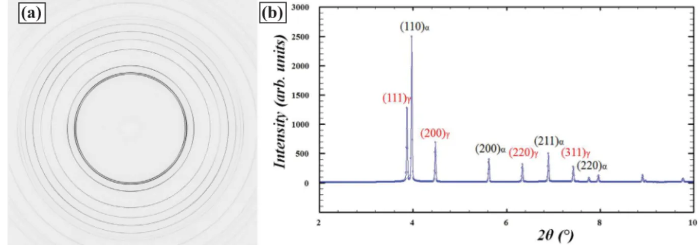 Fig. 2. X-ray diﬀraction patterns (a) as recorded by the ﬂat panel detector during in situ experiments (b) as obtained after integration with Fit2D software.
