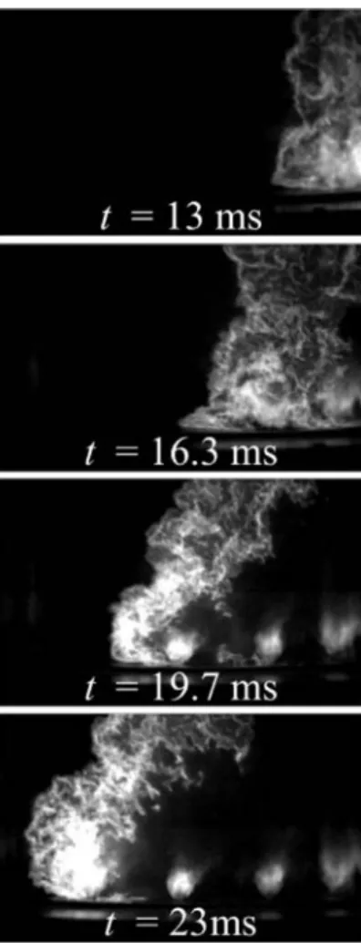 Fig. 2 Passage of the traveling flame at four different instants during the light-round