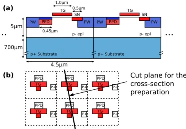 Fig. 3. (a) Schematic cross-sectional view of the photodiode array. Red colors means N doping, blue colors represents the P doping and the low doped P epitaxy is white