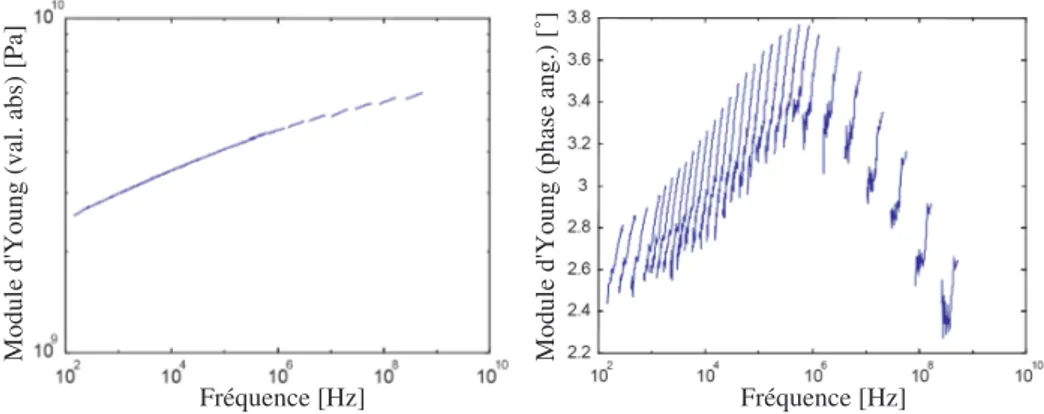 Fig. III.7 , on pr´esente la rigidit´e dynamique D app et le facteur de perte η app apparents obtenus par les