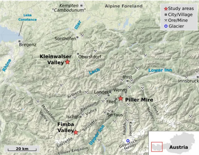Figure 1: Overview of the northern Central Alps with study sites and documented ore deposits or ancient mines  compiled from (Grutsch and Martinek, 2012; Vavtar, 1988; von Klebelsberg, 1939; von Srbik, 1929; Weber, 1997)