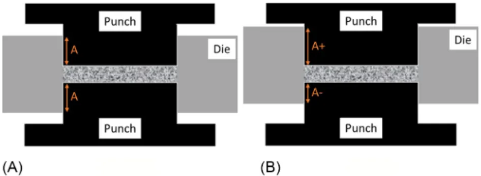 Fig. 5 Cross-section of the SPS Tool: (a) symmetric position of the punches with regard to the powder/die; (b) asymmetric position of the punches (top one more pushed than the bottom one inside de die).