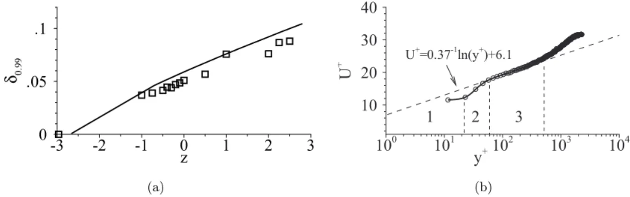 Figure 4.8: (a) Longitudinal evolution of the boundary layer thickness. 2 experiment, line: model