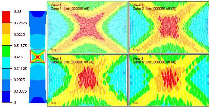 Figure 3-8 : Iso valeurs d'endommagement – approche non locale par gradient implicite  [Kha10] 