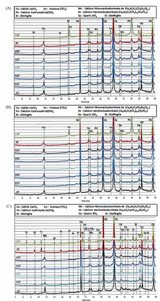 Fig.  12 XRD analyses of model pastes with different bio-aggregates extractives after 24 h  (A), 48  h  (8)  and 9  months (C)