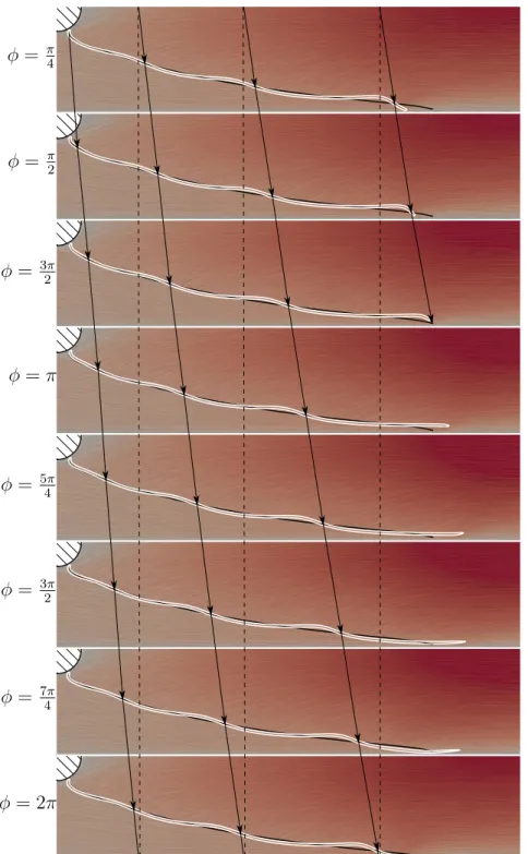 Figure 3.11: Comparison of flame topologies of the steady flame (black line) and instantaneous snapshots of a pulsed flame (white iso surface of heat release) at various phase angles of harmonic velocity perturbation (|u ′ | = 5%u