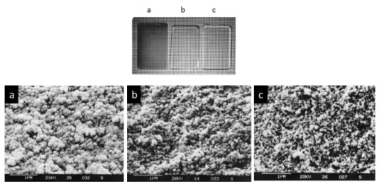 Figure 13. Visual aspects and network morphologies observed by SEM of silica aerogels made  from different silica sources: TEOS (a), TMOS (b) and PEDS (c) (Adapted from (Wagh, Begag,  Pajonk, Rao, &amp; Haranath, 1999)