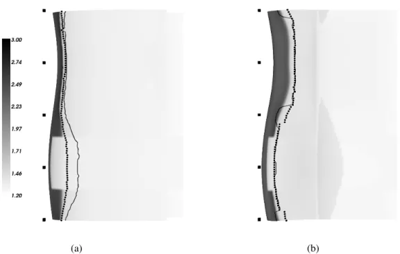 Fig. 4 Incompressible shape factor H i contours computed with elsA by means of γ − Re θ model for transition prediction at the outer (a) and inner (b) sides of the nacelle