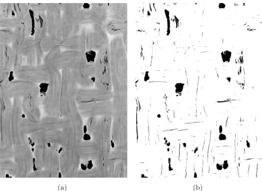 Fig. 6. Image segmentation for laminate B3: (a) 3D image coming from CT-Scan - (b) Segmented image