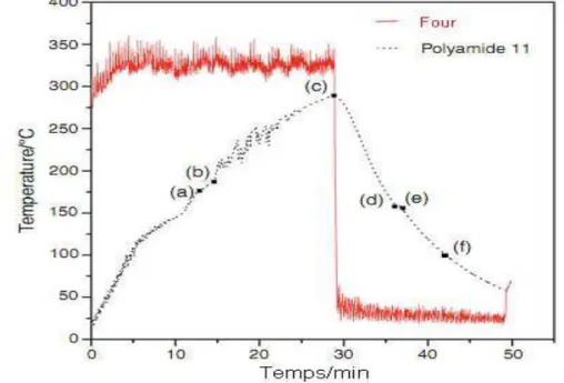 Figure I.2: Cycle température/temps du Polyamide 11 au cours du rotomoulage [7]. 