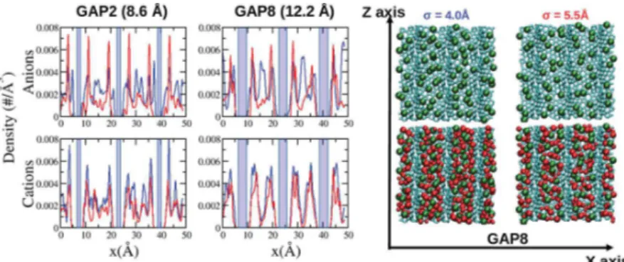 Figure 6. Top: snapshots of anions located in typical adsorption sites in the GAP8 and GAP9 structures